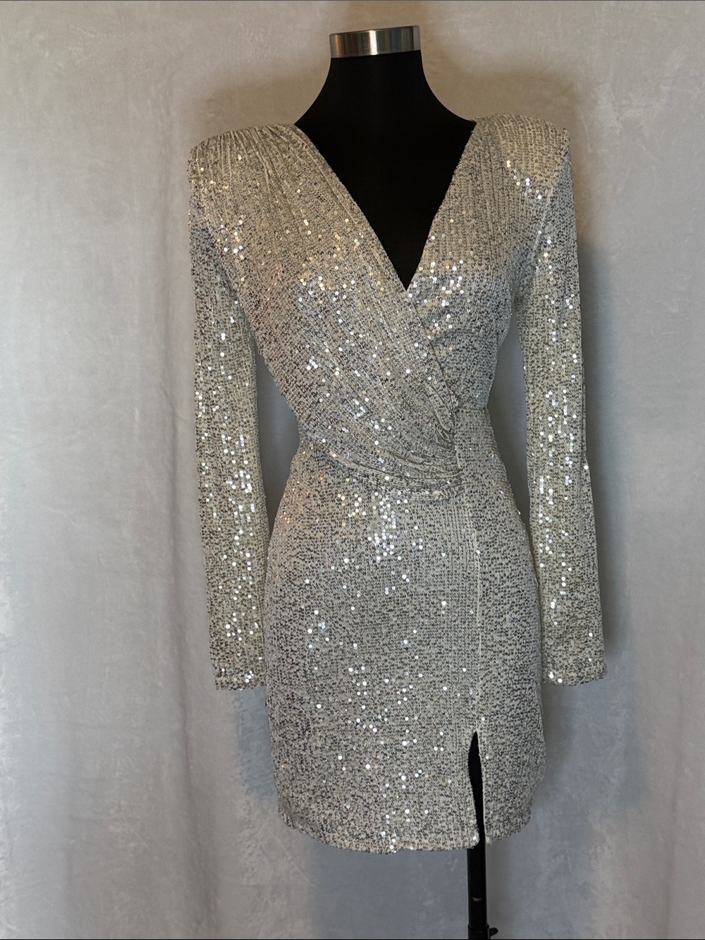 Silver Sequin cream Wrap Mini Dress
